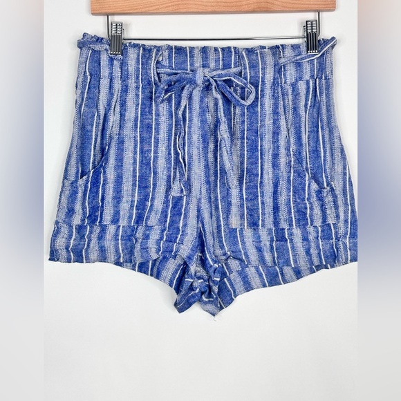 Indigo Rein Pants - Linen Blend Striped Coastal blue white belted Shorts - Size Medium